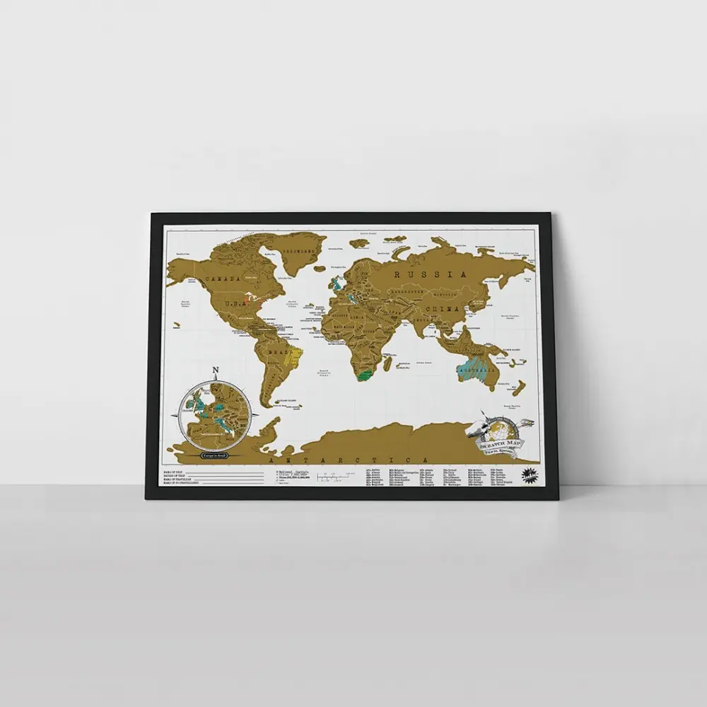 Luckies Scratch Map Neon – Interactieve Kraskaart Van De Wereld, A3-formaat, Paars, Met Infographics, Voor Reisliefhebbers En Avonturiers